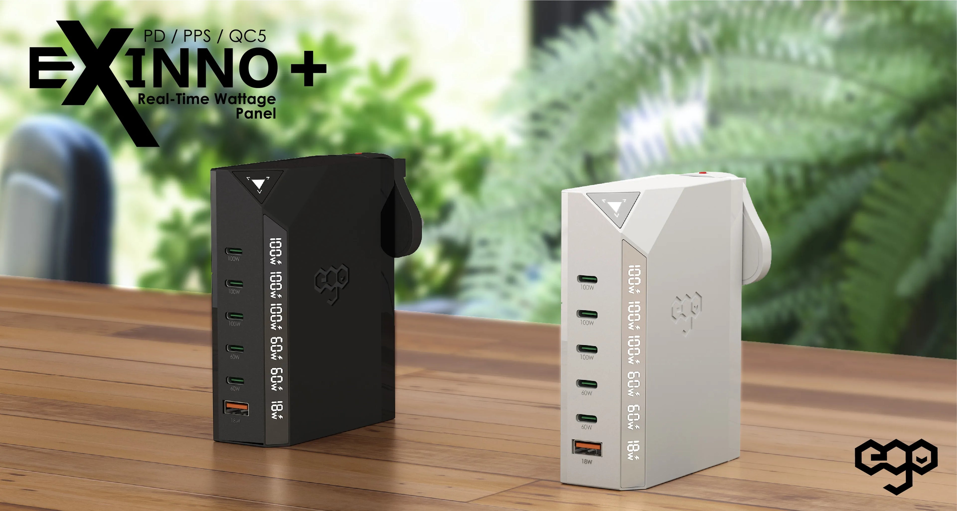 exinno 300w usb gan charger black and white on the desktop
